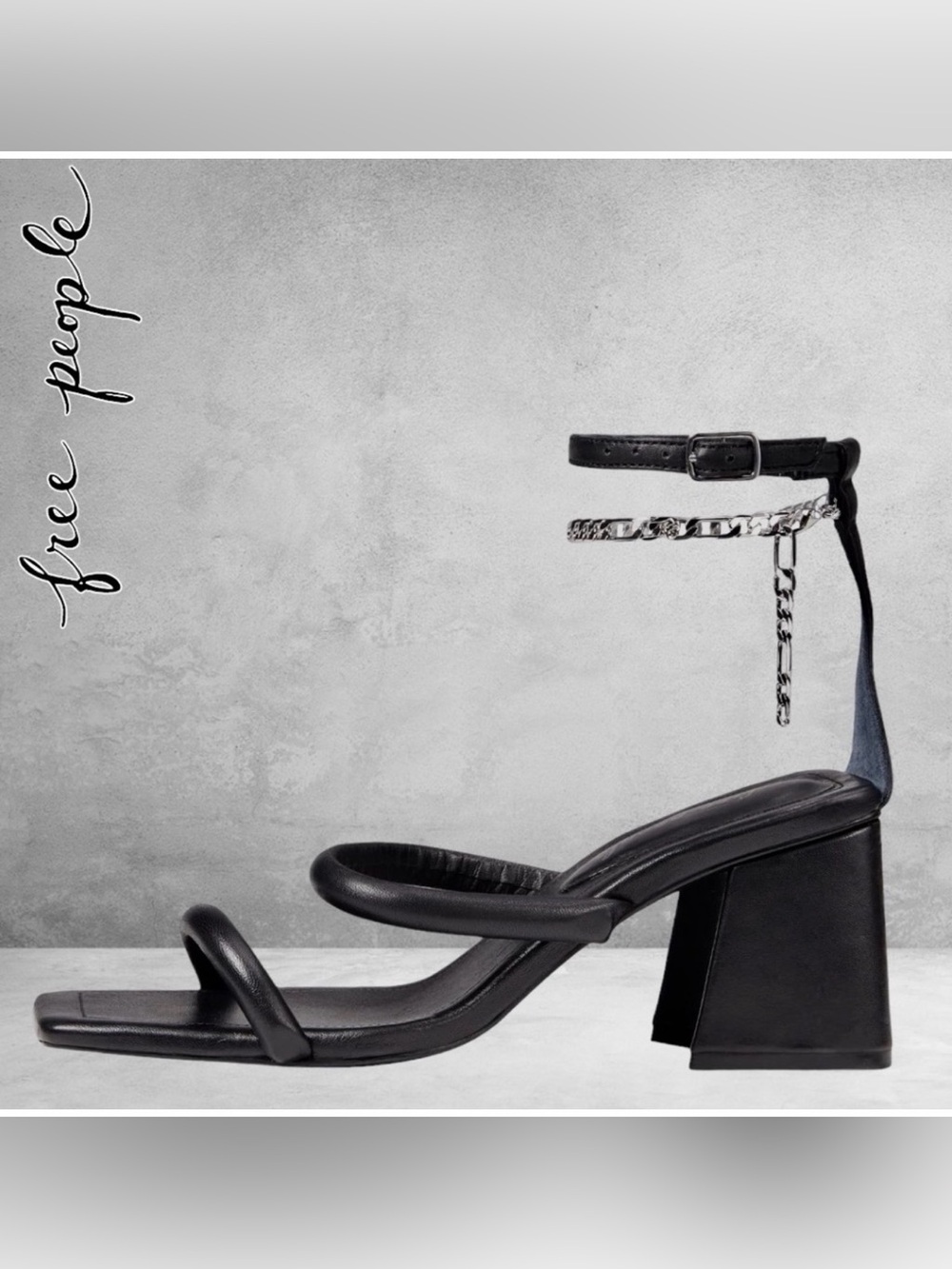 Free People Black Leather Strap Sandal with Chain Accent